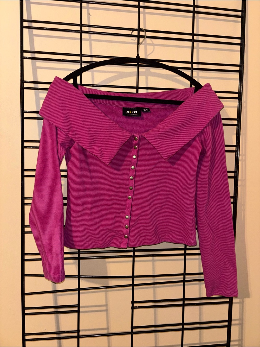 Maeve Off-the-Shoulder Snap-Front Sweater in Fuchsia